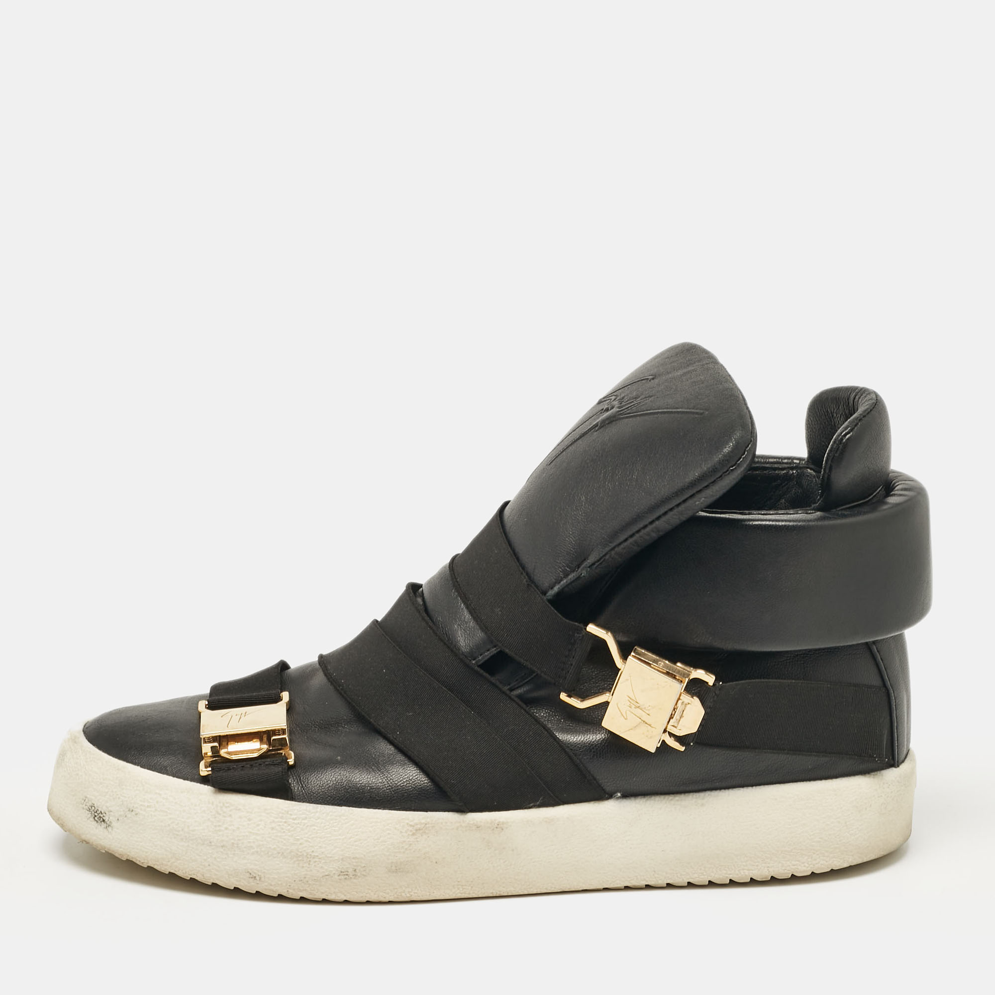 

Giuseppe Zanotti Black Leather Double Buckle High Top Sneakers Size