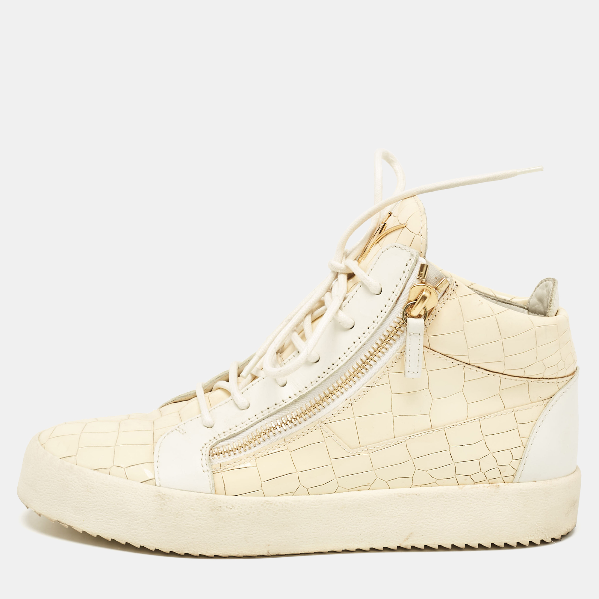 

Giuseppe Zanotti Cream Croc Embossed Leather London High Top Sneakers Size