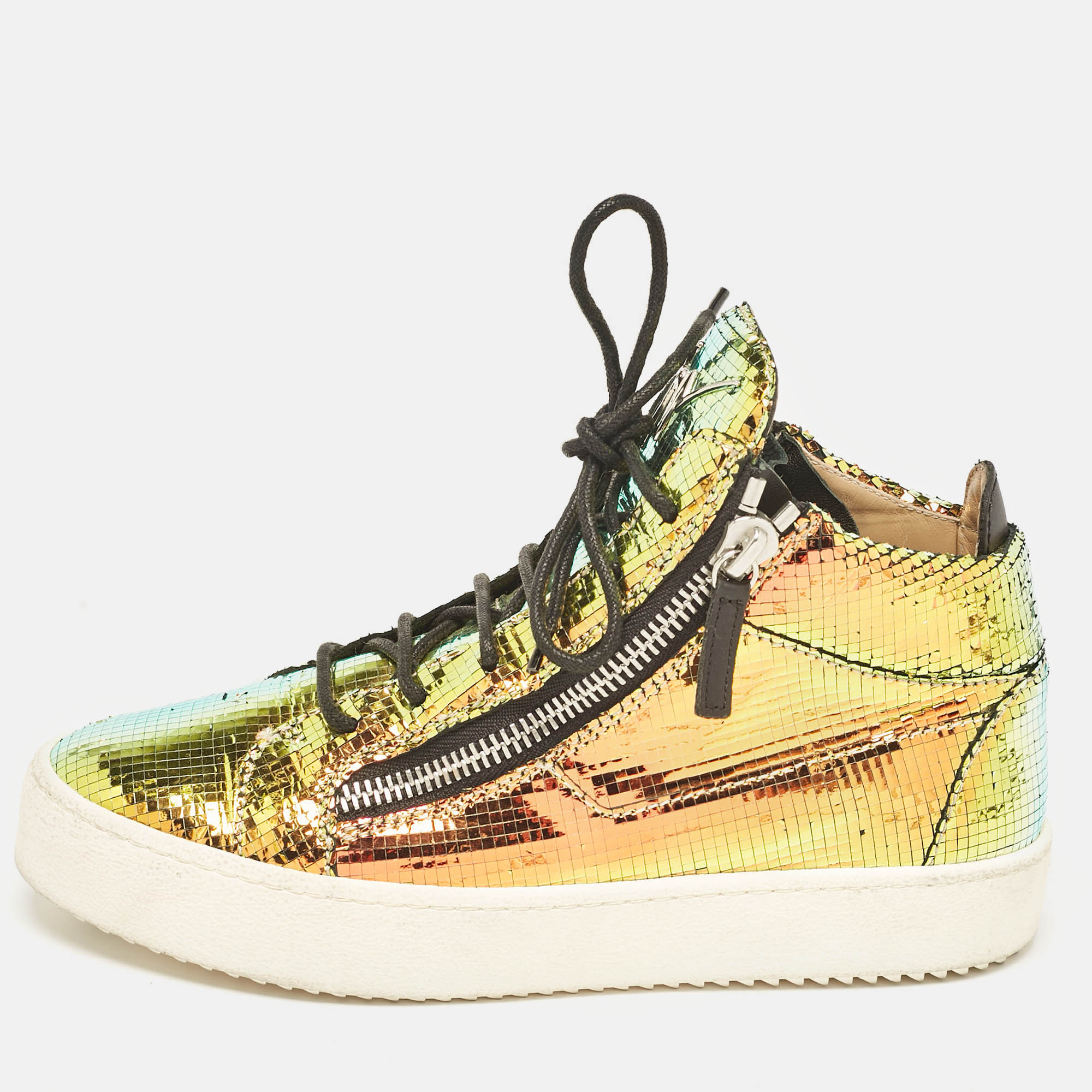 

Giuseppe Zanotti Multicolor Foil Leather High Top Sneakers Size