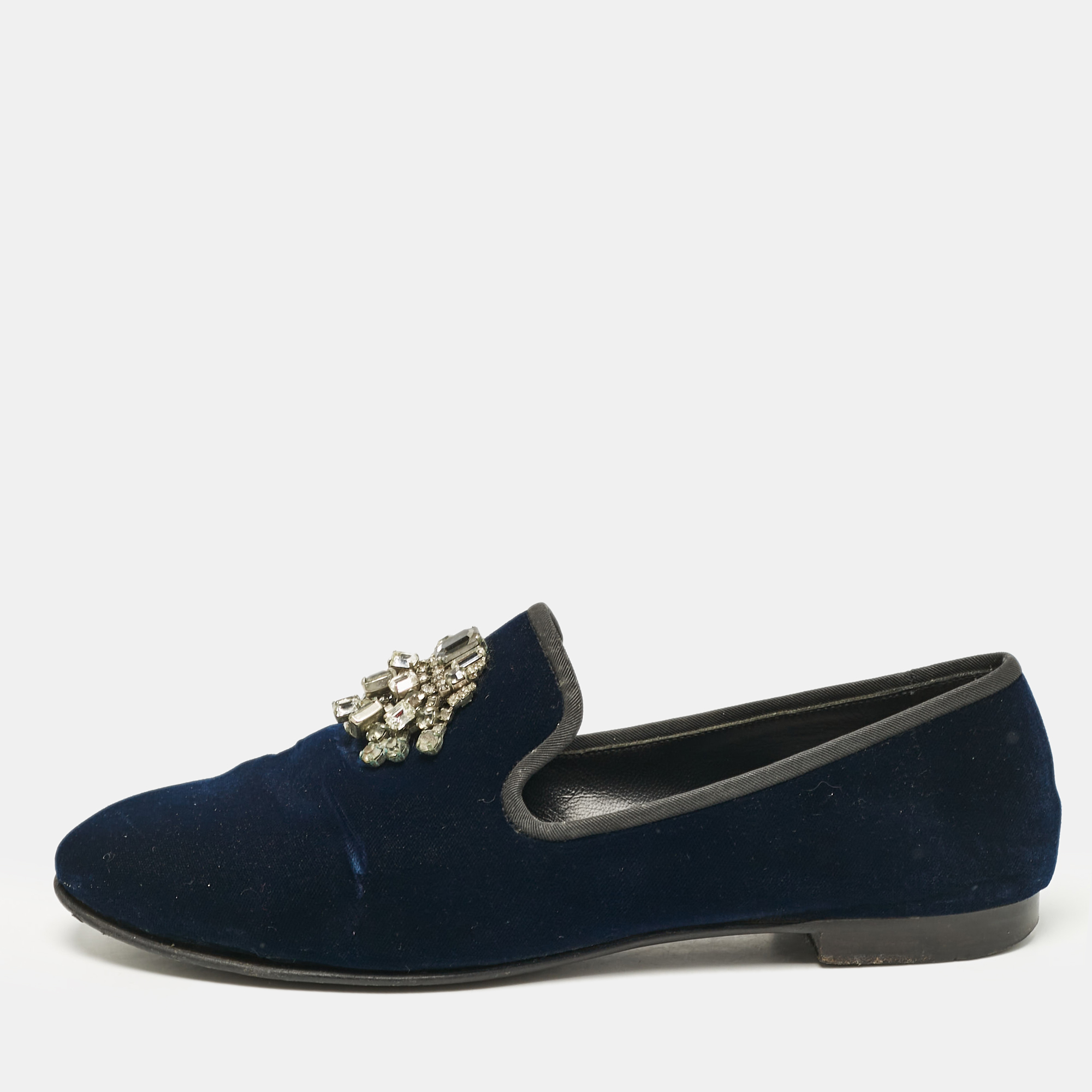 

Giuseppe Zanotti Navy Blue Velvet Crystal Embellished Smoking Slippers Size