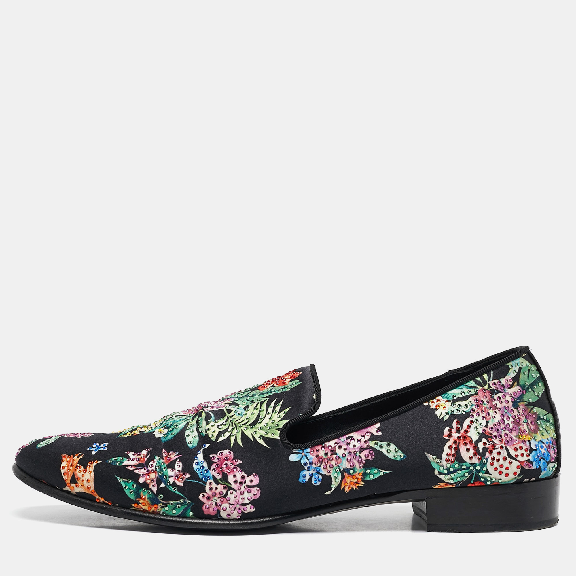 

Giuseppe Zanotti Black/Multicolor Floral Print Satin Crystals Smoking Slippers Size