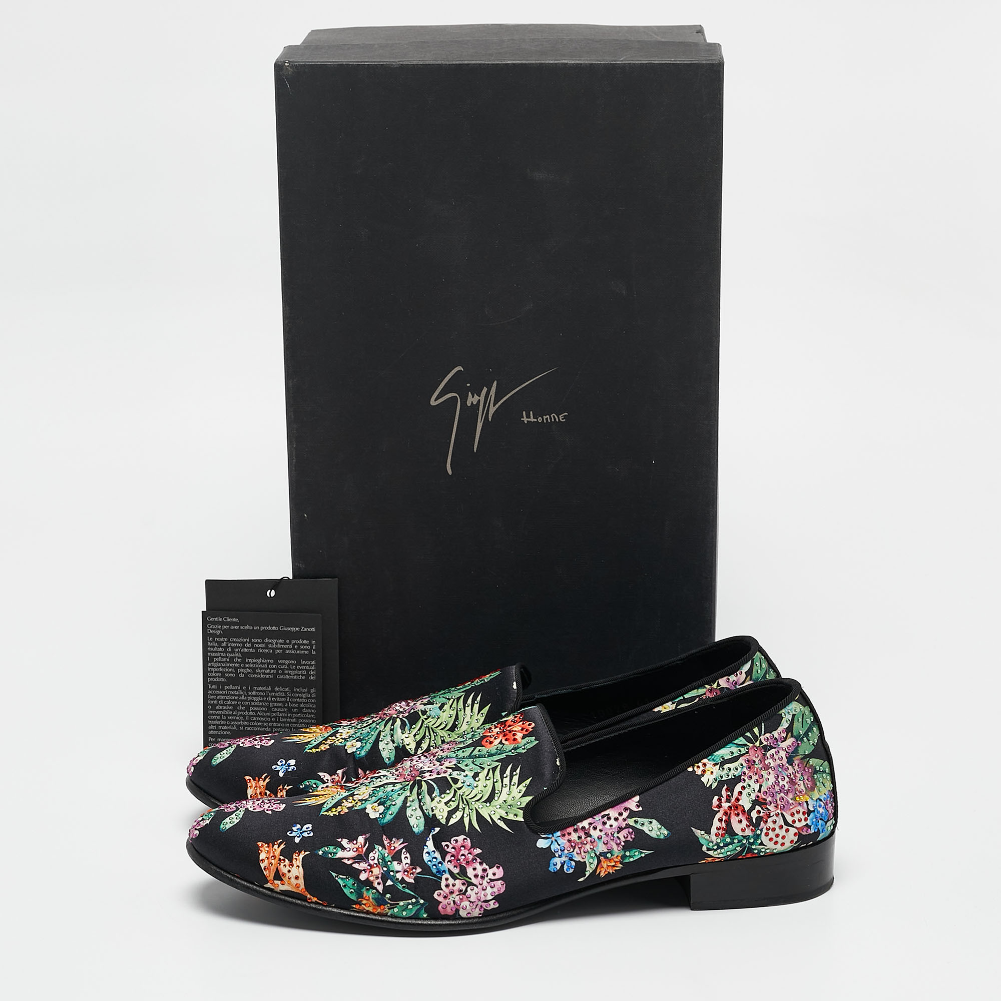 Giuseppe Zanotti Black/Multicolor Floral Print Satin Crystals Smoking Slippers Size 41 