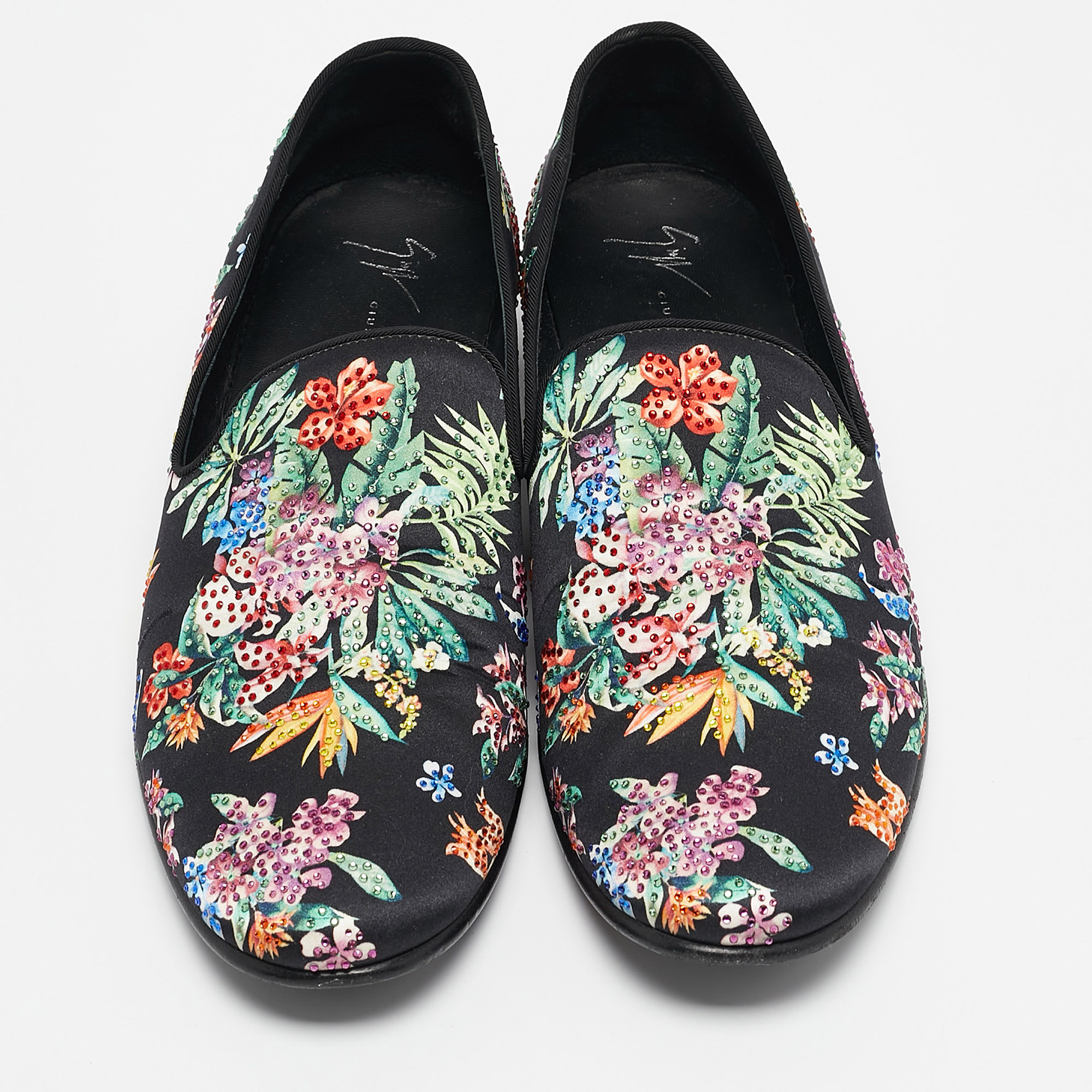 Giuseppe Zanotti Black/Multicolor Floral Print Satin Crystals Smoking Slippers Size 41 