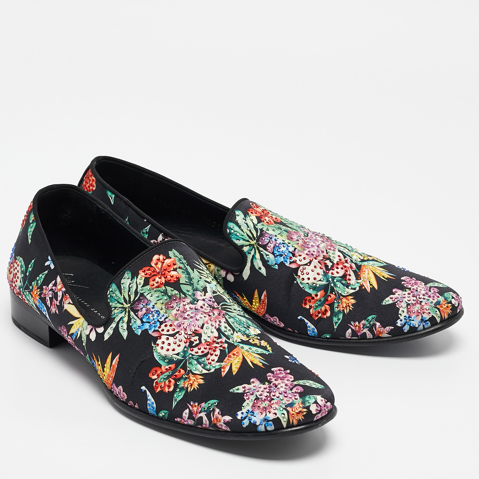 Giuseppe Zanotti Black/Multicolor Floral Print Satin Crystals Smoking Slippers Size 41 