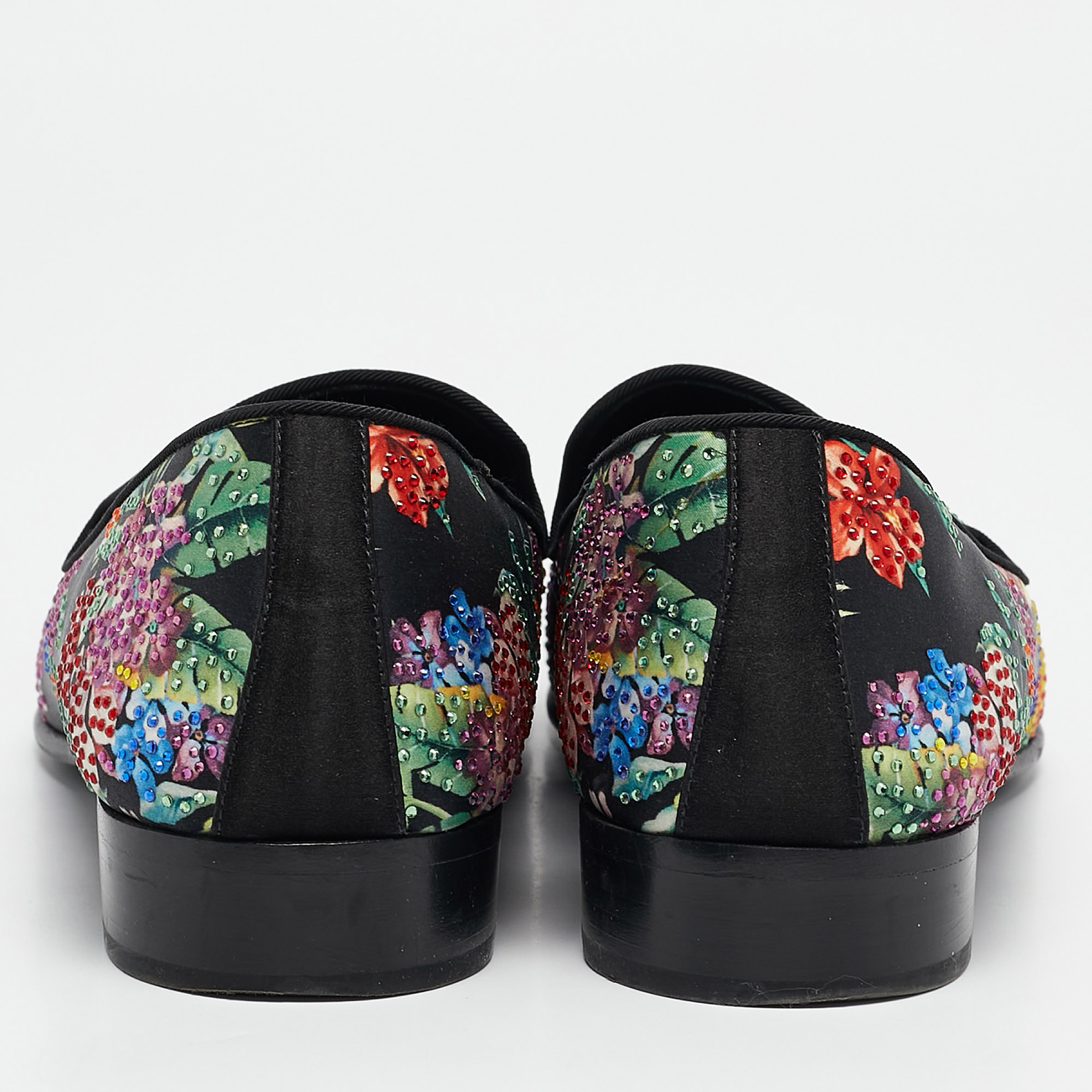 Giuseppe Zanotti Black/Multicolor Floral Print Satin Crystals Smoking Slippers Size 41 