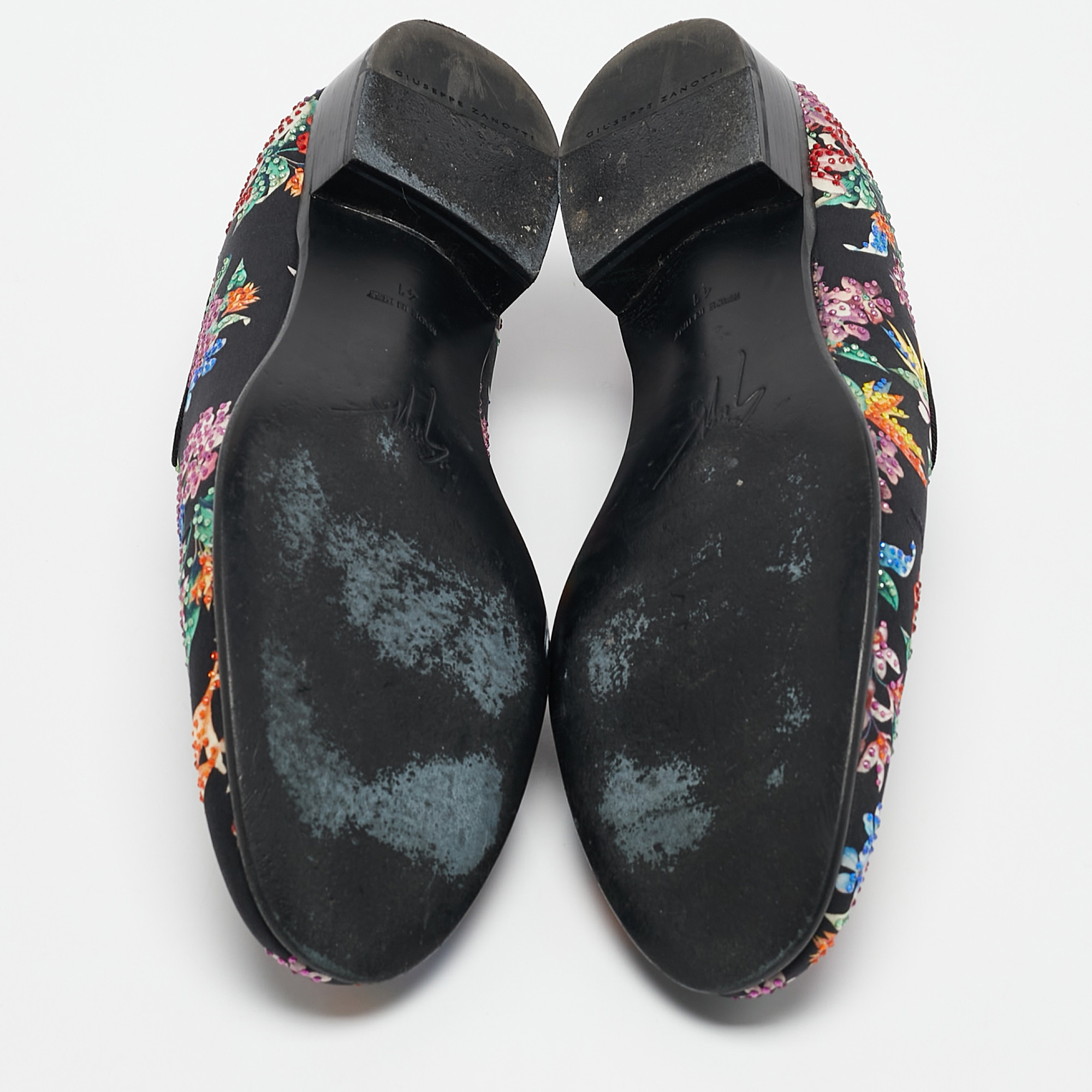 Giuseppe Zanotti Black/Multicolor Floral Print Satin Crystals Smoking Slippers Size 41 