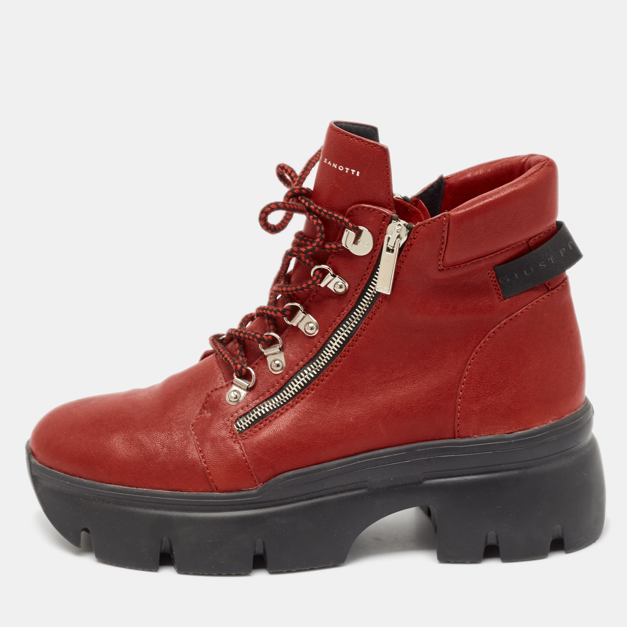 

Giuseppe Zanotti Red Leather Apocalypse Trek Ankle Boots Size