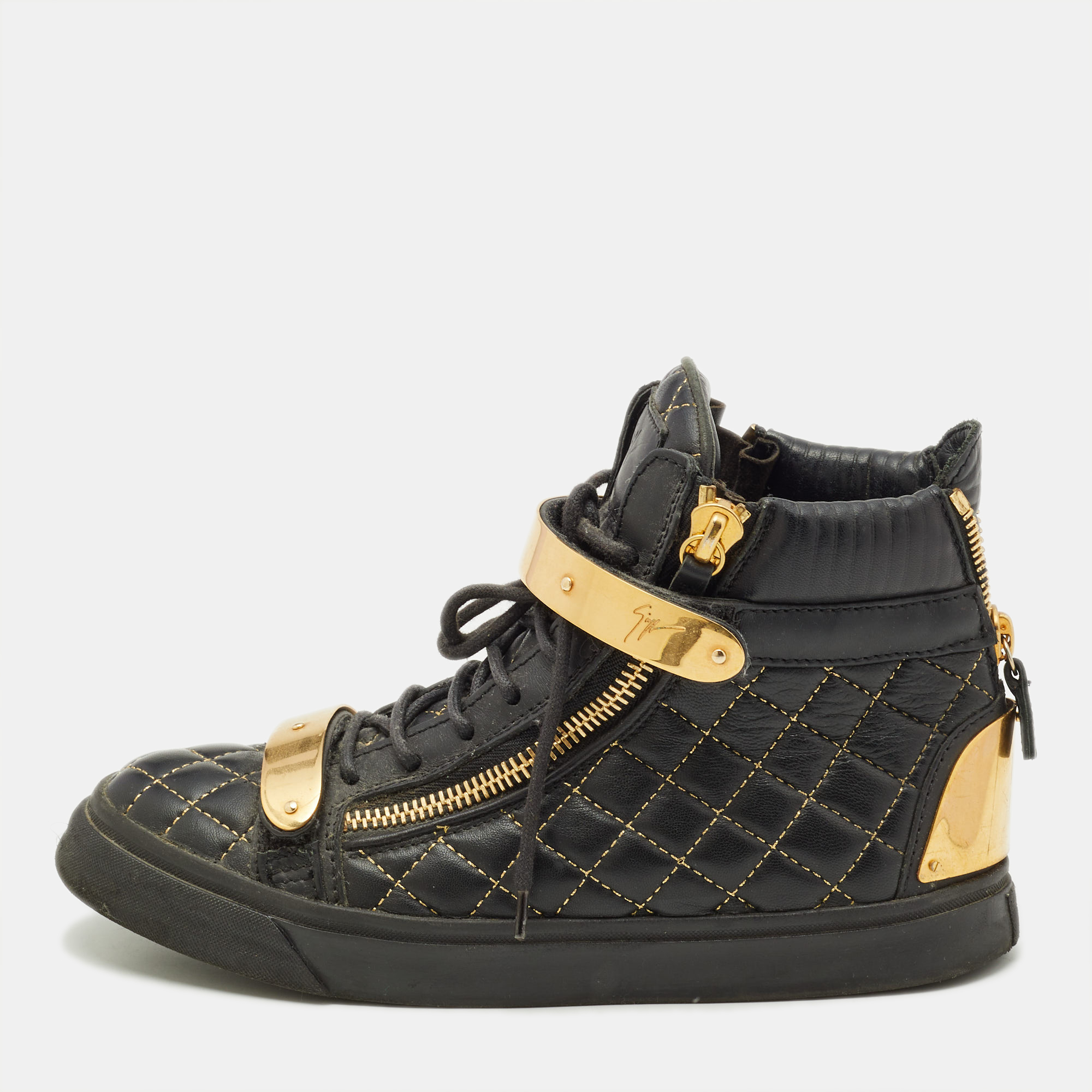 

Giuseppe Zanotti Gold/Black Leather Coby High Top Sneakers Size