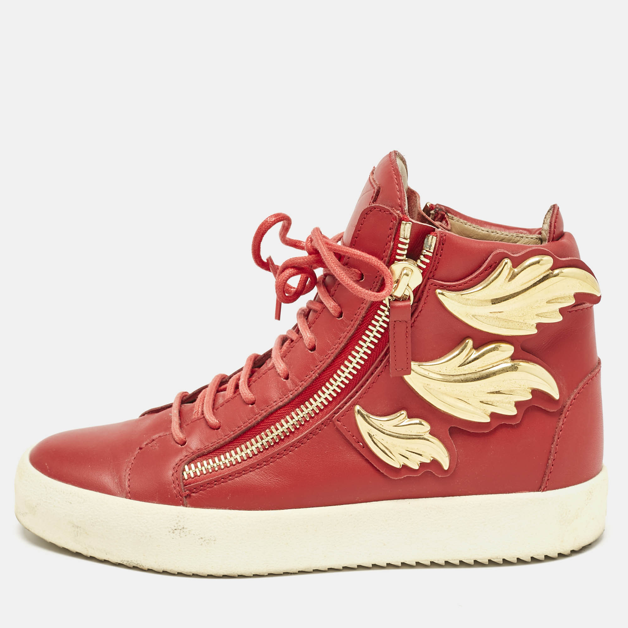 

Giuseppe Zanotti Red Leather Coby High Top Sneakers Size