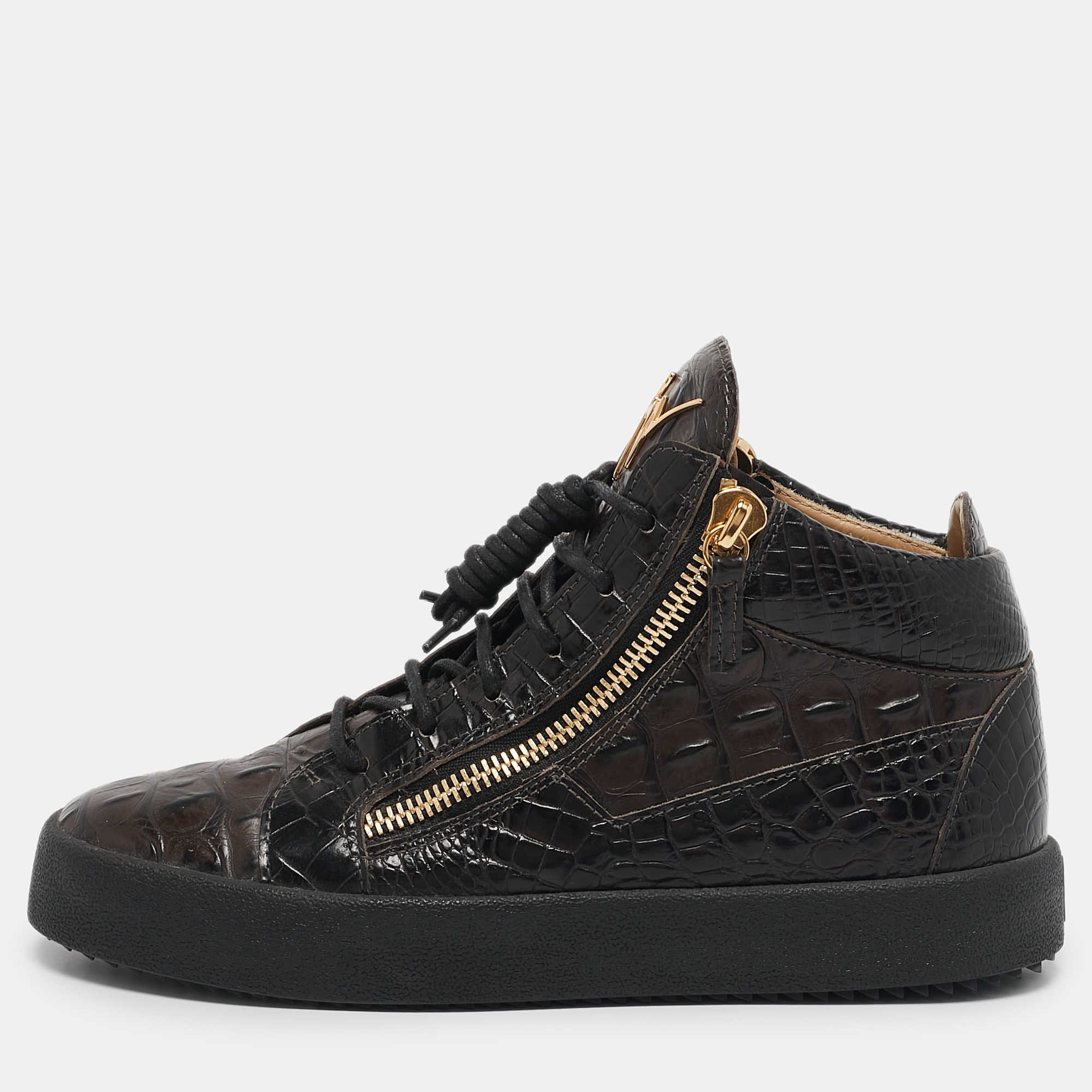 

Giuseppe Zanotti Brown Crocodile Leather Double Zipper High Top Sneakers Size