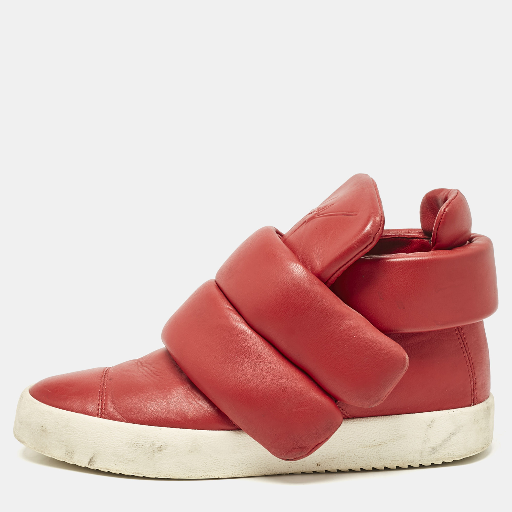 

Giuseppe Zanotti Red Leather Double Velcro Strap High Top Sneakers Size