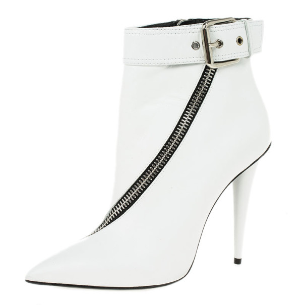 Pre Owned Giuseppe Zanotti White Leather Asymmetrical Zip Ankle Boots Size 38