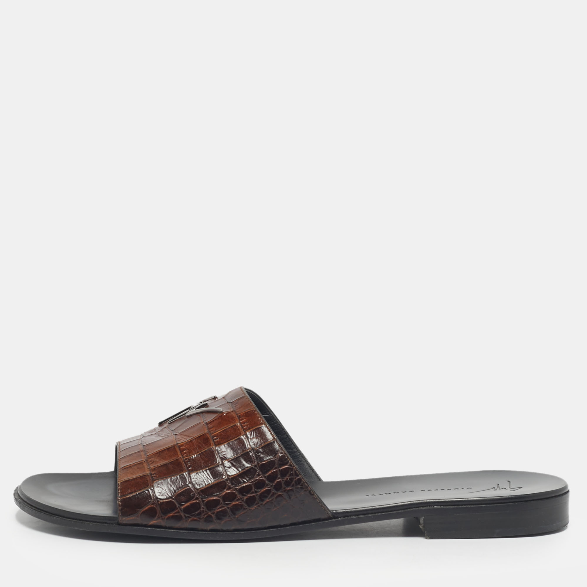 

Giuseppe Zanotti Brown Croc Embossed Leather Flat Slides Size
