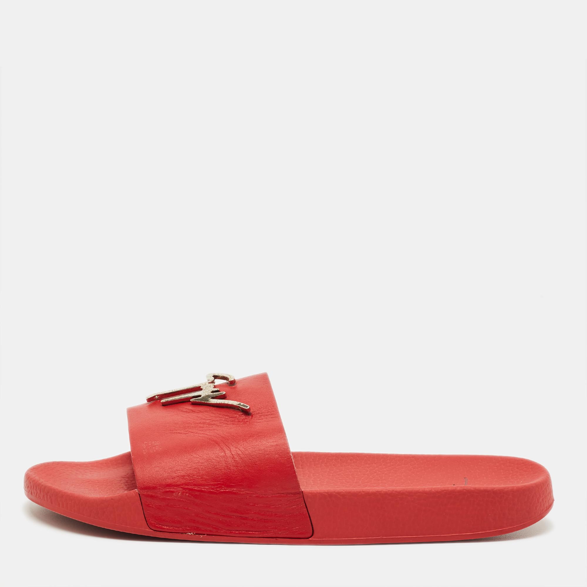 Pre-owned Giuseppe Zanotti Red Leather Logo Slide Sandals Size 43