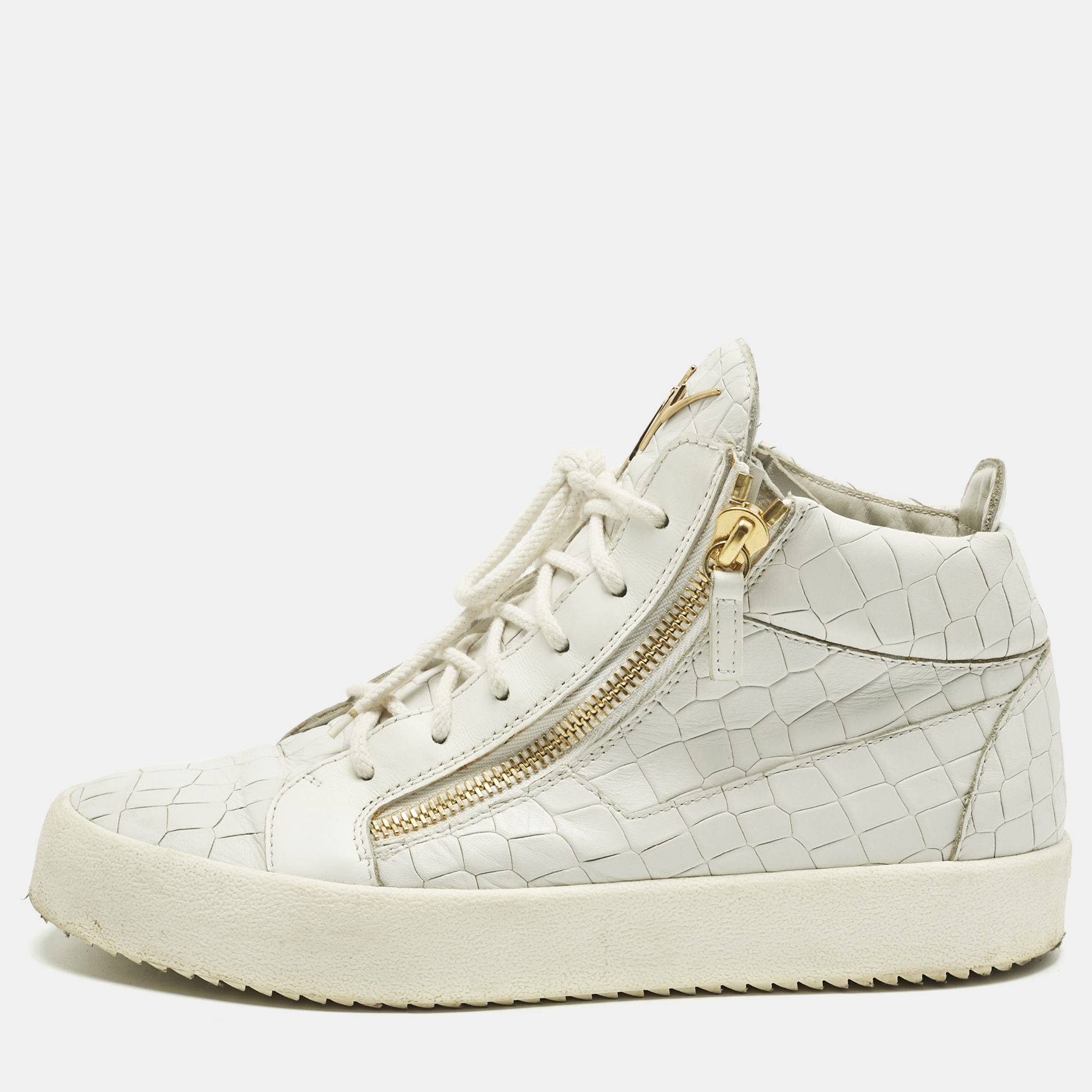 

Giuseppe Zanotti White Croc Embossed Leather Kriss Lace Up Sneakers Size