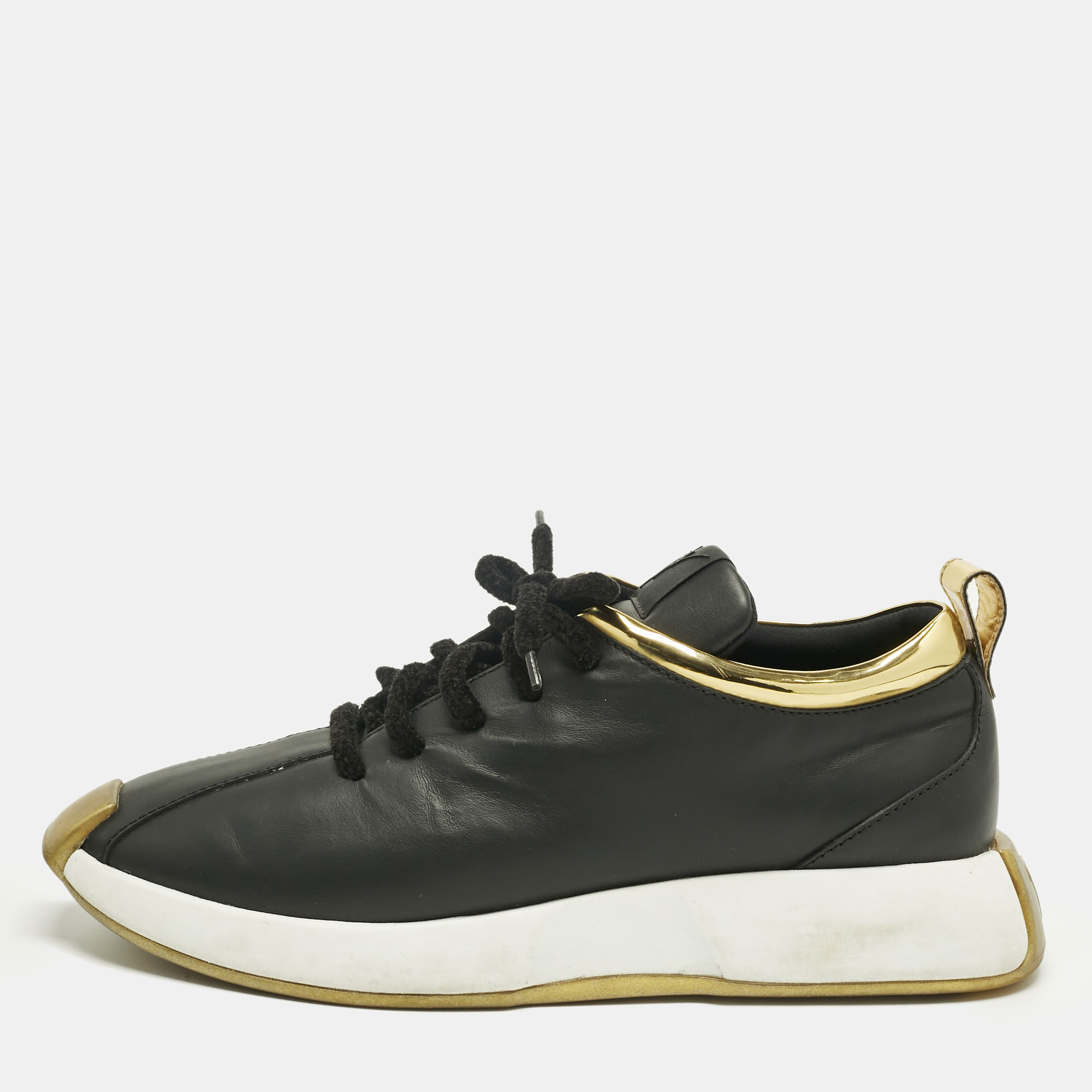 

Giuseppe Zanotti Black/Gold Leather and Patent Leather Ferox Low Top Sneakers Size