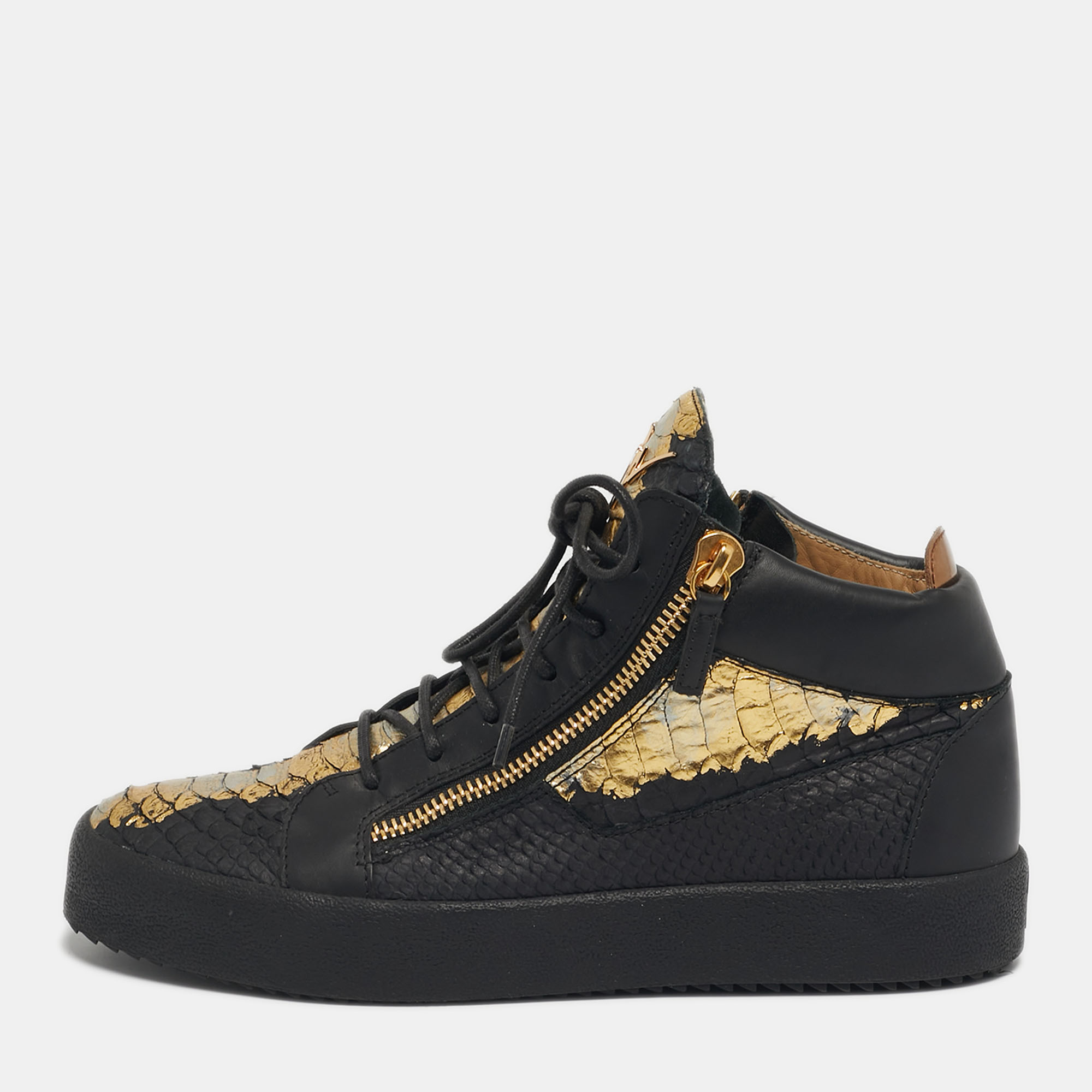 

Giuseppe Zanotti London Size  Black/Gold Python Embossed Leather Lace Up Sneakers