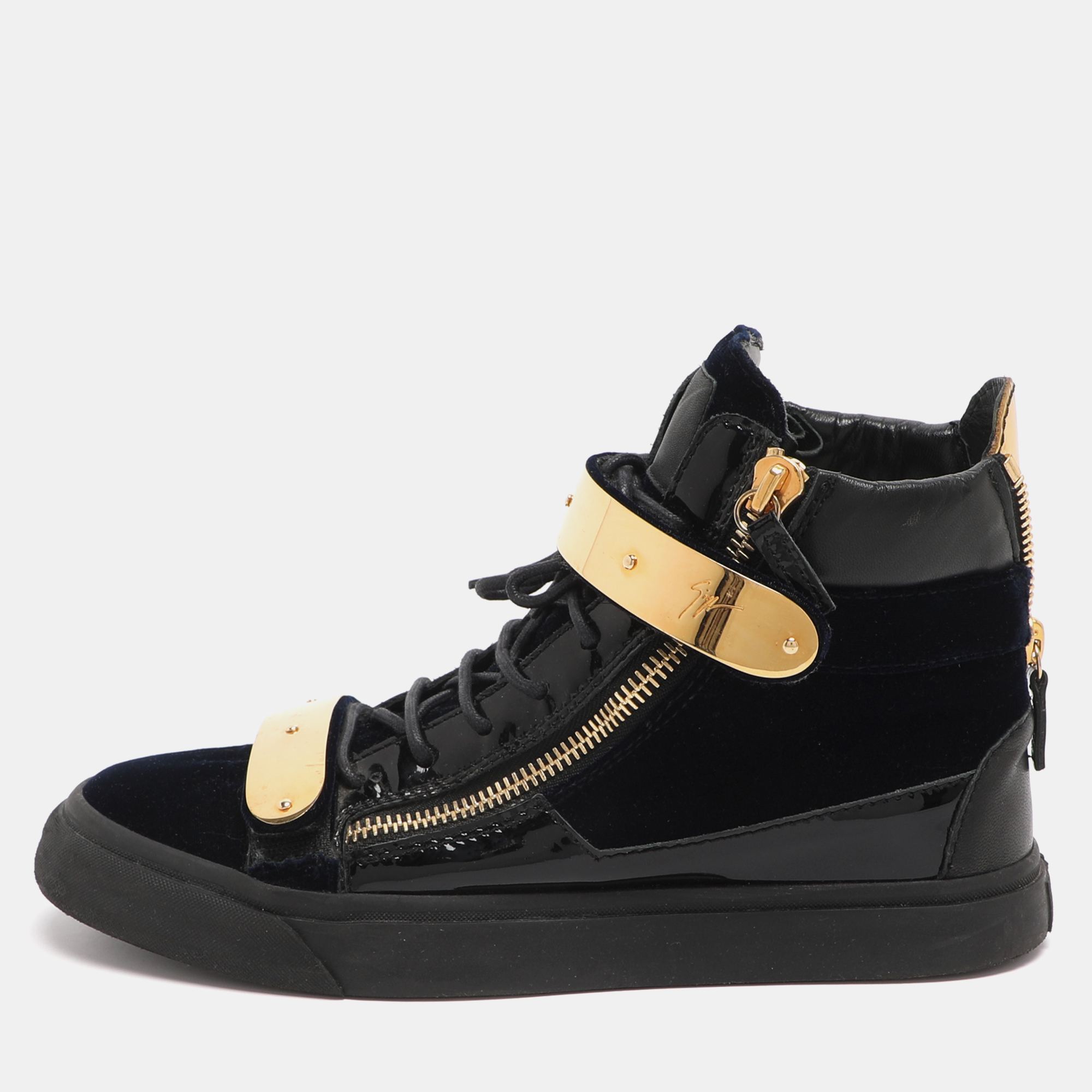 Click to view more detailed imagery on our partner's website Pre-owned Giuseppe Zanotti Coby Size 42 Navy Blue/black Patent Leather And Velvet High Top Sneakers