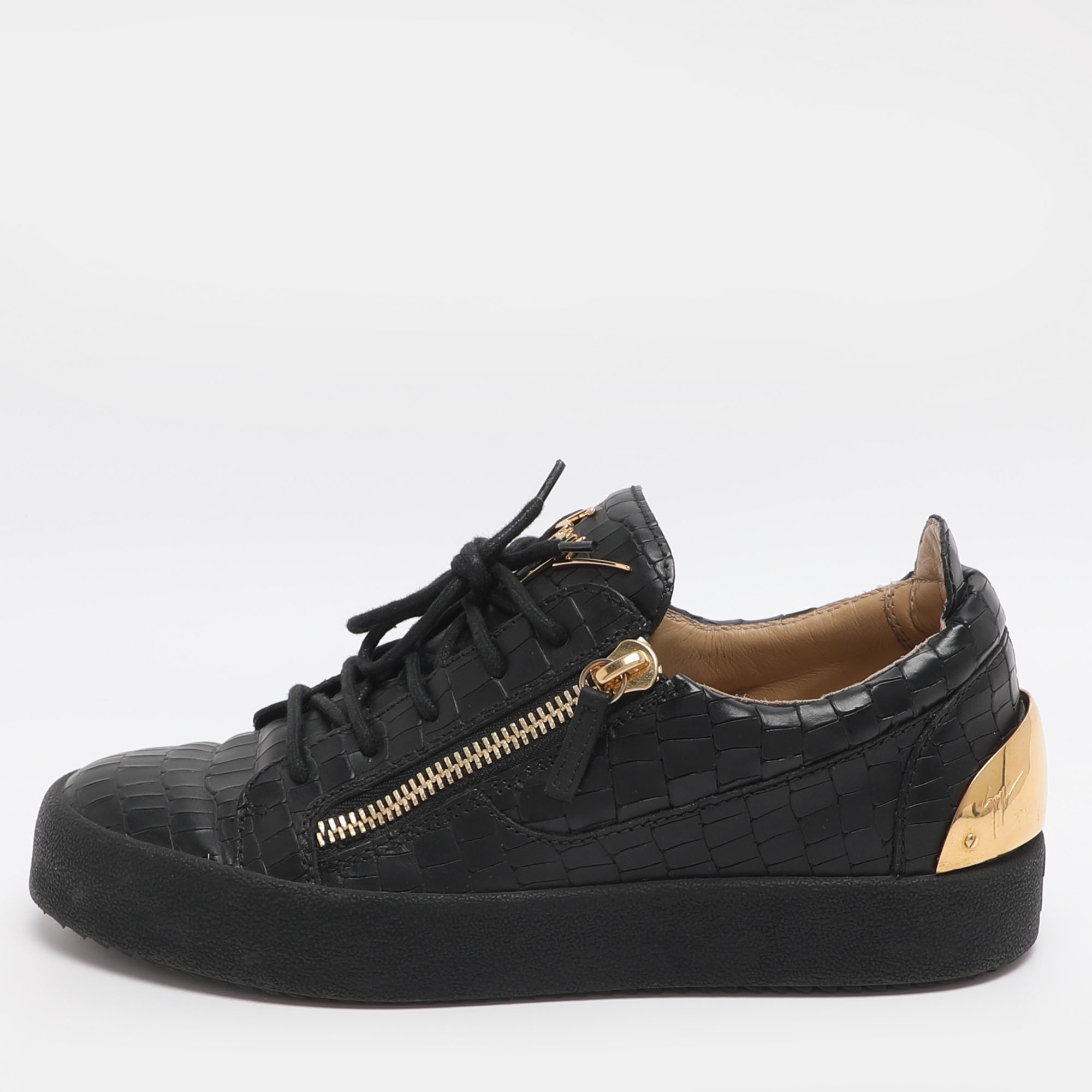 Click to view more detailed imagery on our partner's website Pre-owned Giuseppe Zanotti Frankie Size 41 Black Croc Embossed Leather Low Top Sneakers