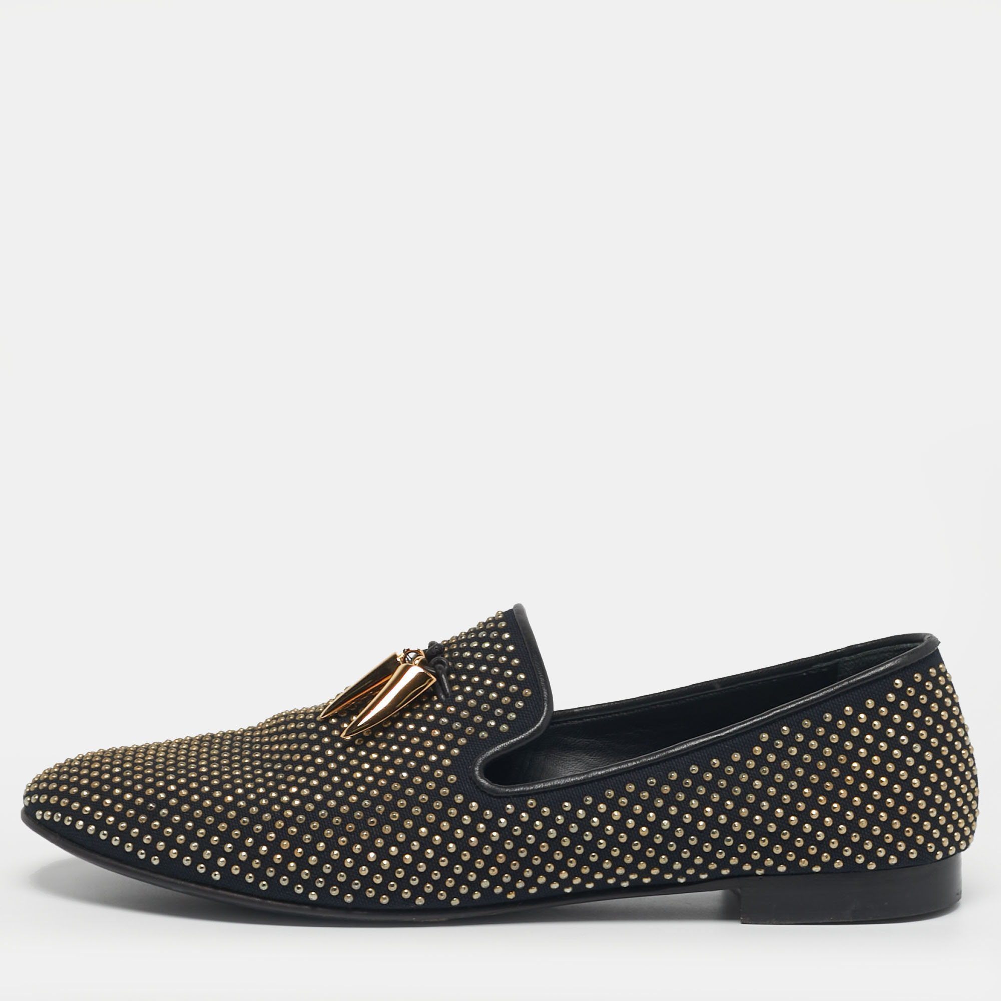 

Giuseppe Zanotti Size  Two Tone Canvas Stud All Over Shark Tooth Smoking Slippers, Black