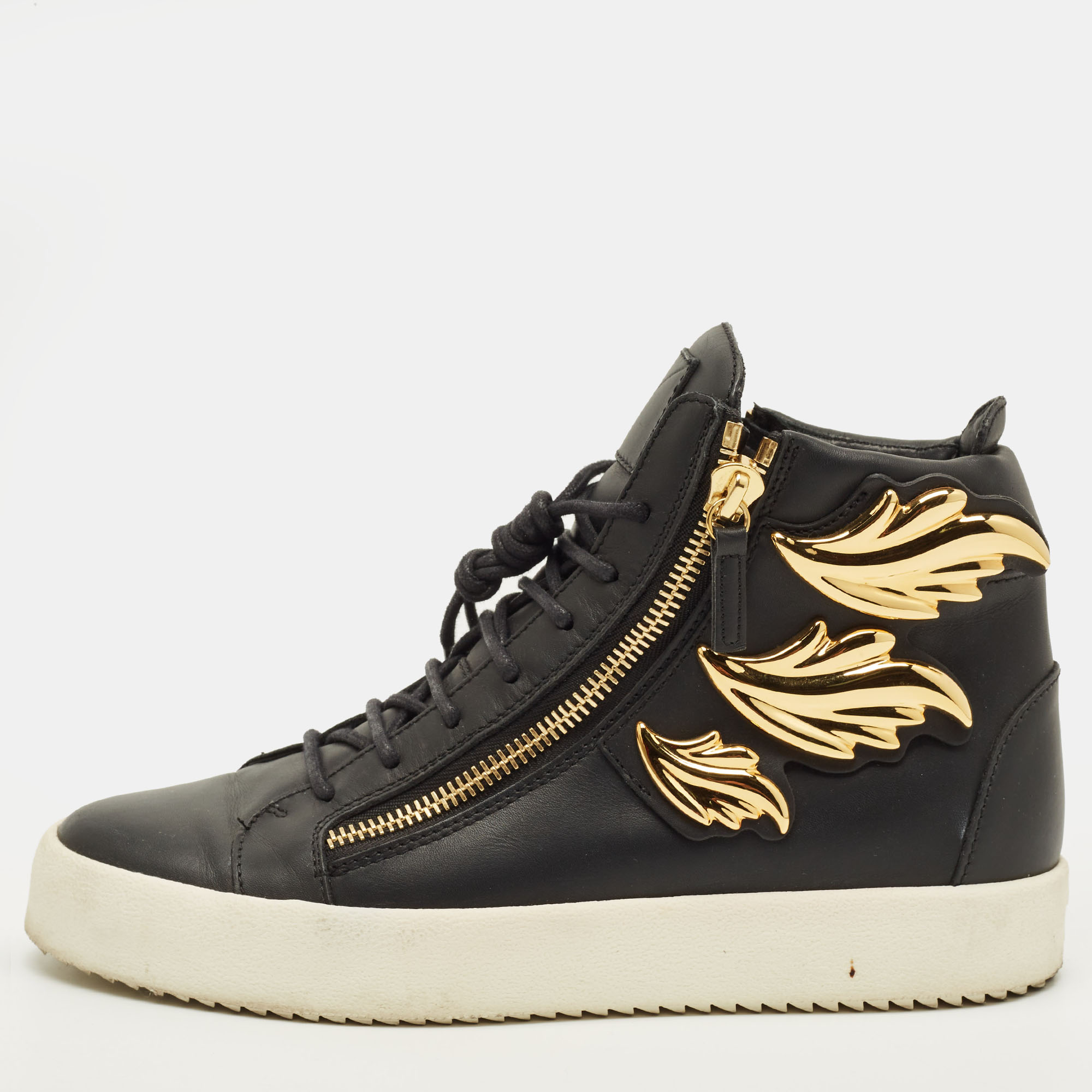 

Giuseppe Zanotti Size  Black Leather Wings Double Side Zip High Top Sneakers