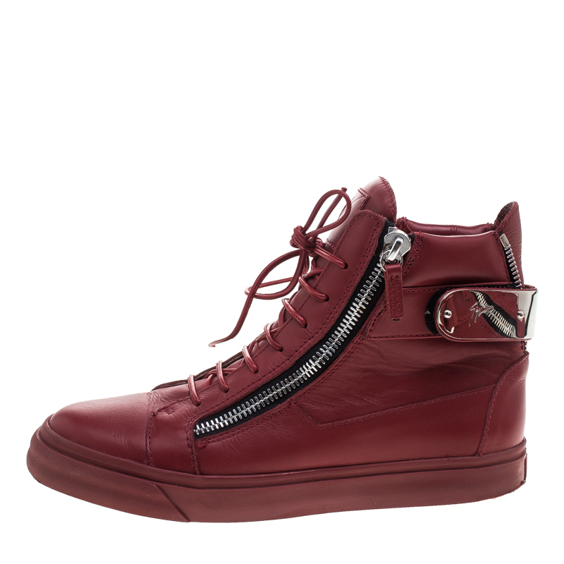 

Giuseppe Zanotti Red Leather Metal Accent High Top Sneakers Size