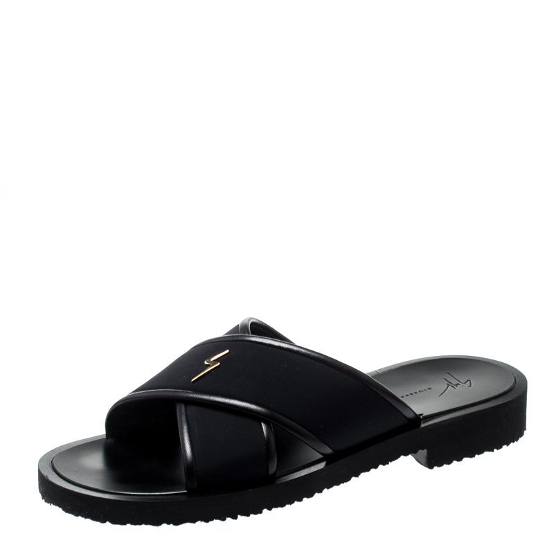Giuseppe Zanotti Black Fabric And Leather Trim Slides Size 42
