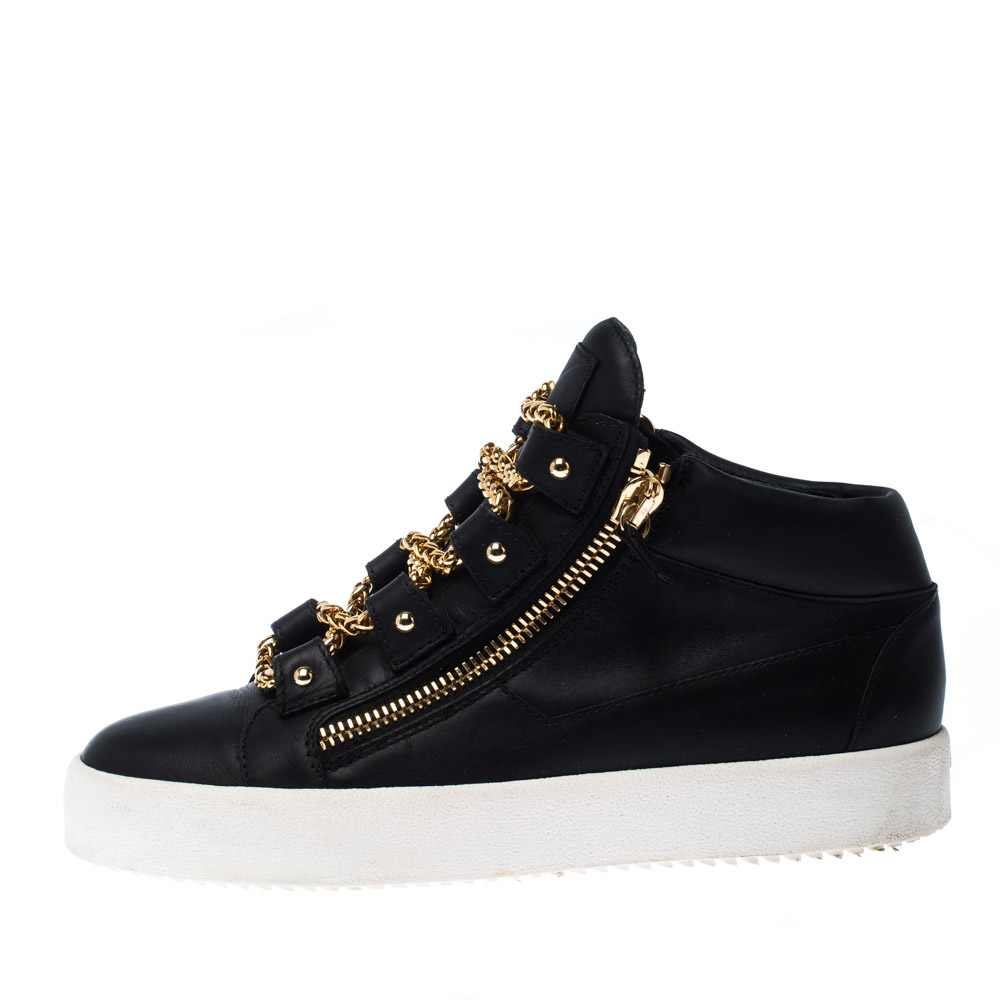

Giuseppe Zanotti Black Leather Gold Chain Laces Dual Zip Sneakers Size