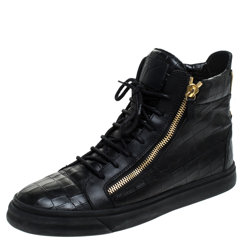 Pre Owned Giuseppe Zanotti Black Croc Embossed Leather Double Zipper High Top Sneakers Size 45