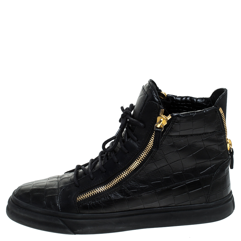 

Giuseppe Zanotti Black Croc Embossed Leather Double Zipper High Top Sneakers Size
