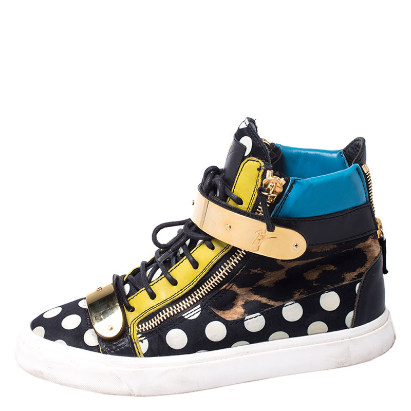 

Giuseppe Zanotti Multicolor Leopard/Polka Dot Satin And Leather High Top Sneakers Size