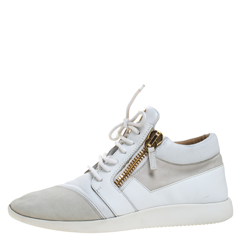 

Giuseppe Zanotti White/Light Grey Leather and Suede London High Top Sneakers Size