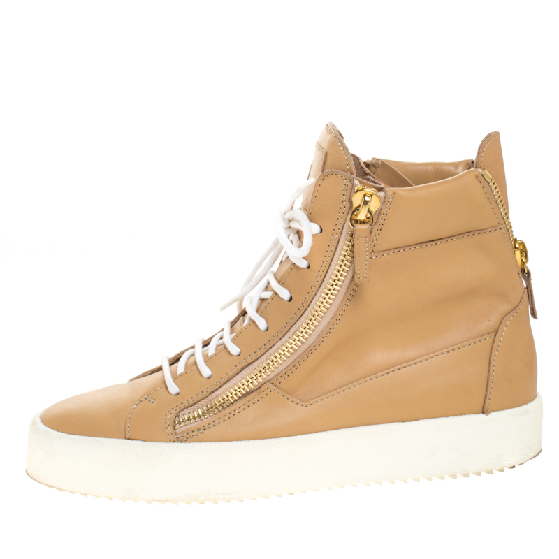 

Giuseppe Zanotti Beige Leather Double Zipper High Top Sneakers Size