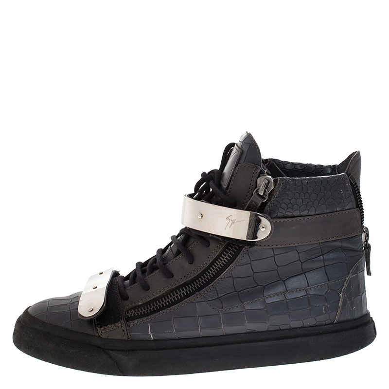 

Giuseppe Zanotti Grey Croc Embossed Leather High Top Lace Up Sneakers Size