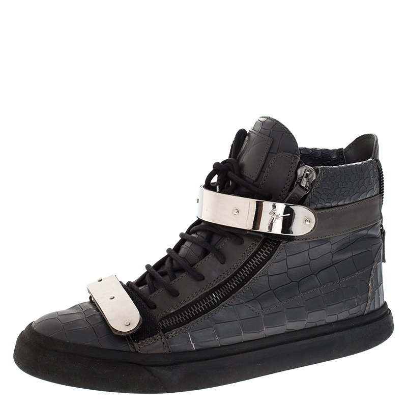 Giuseppe Zanotti Grey Croc Embossed Leather High Top Lace Up Sneakers ...