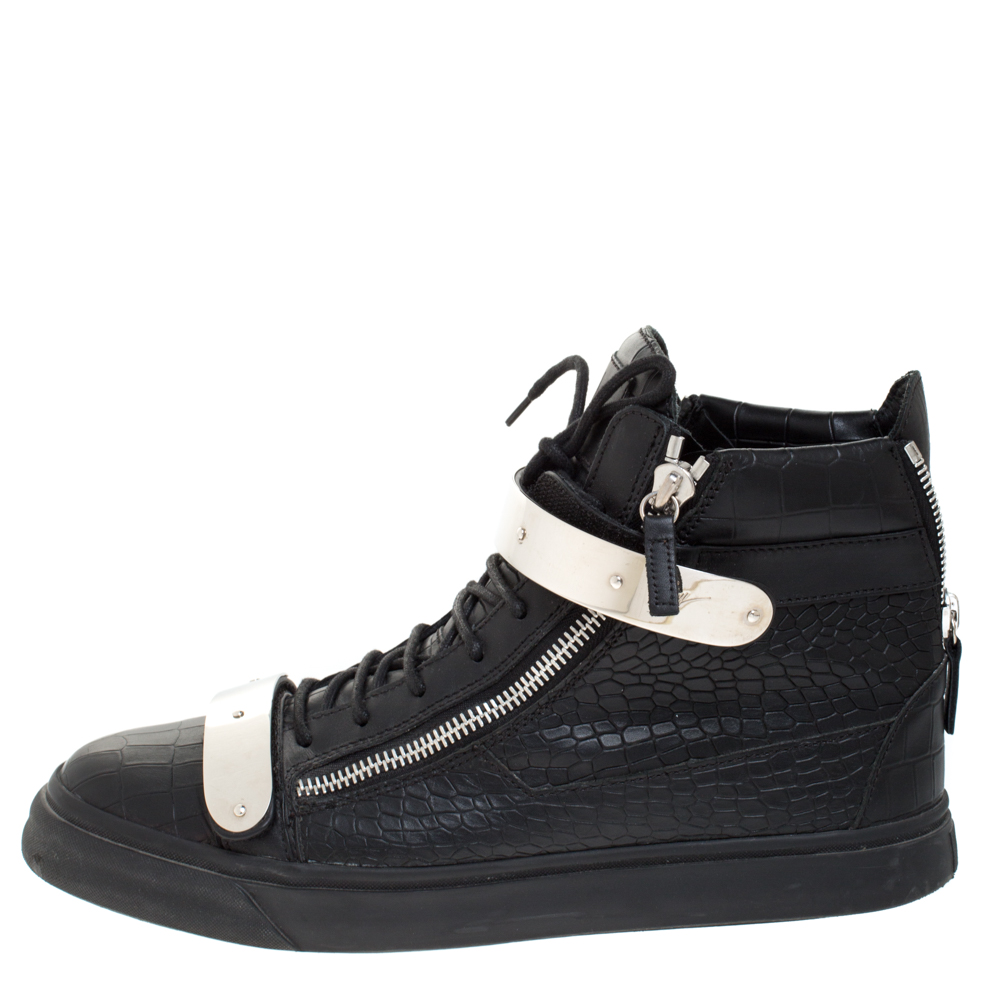 

Giuseppe Zanotti Black Leather Embossed Coby High Top Sneakers Size