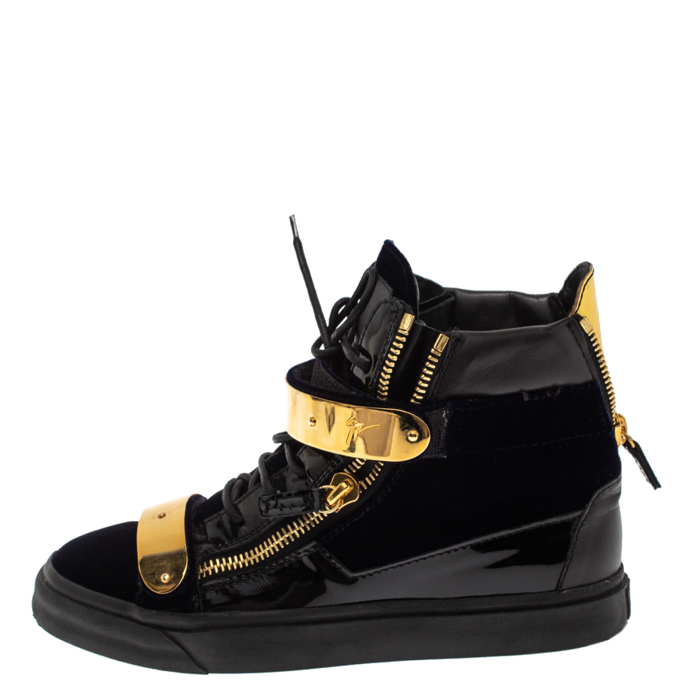 

Giuseppe Zanotti Black/Blue Patent Leather and Velvet Coby High Top Sneakers Size