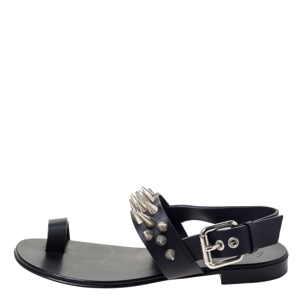 

Giuseppe Zanotti Black Leather Zak Spike Flat Sandals Size