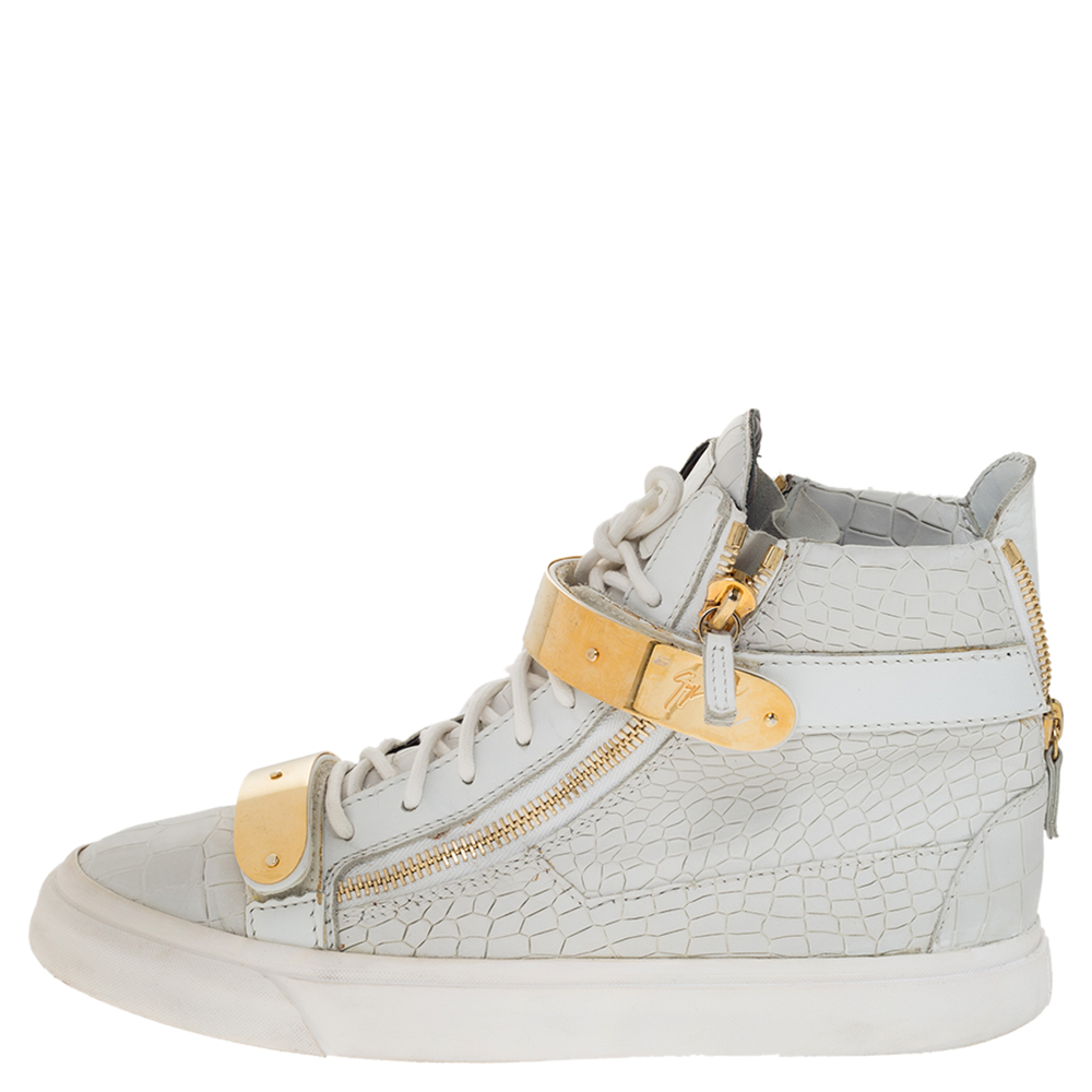 

Giuseppe Zanotti White Croc Embossed Leather Coby High Top Sneakers Size