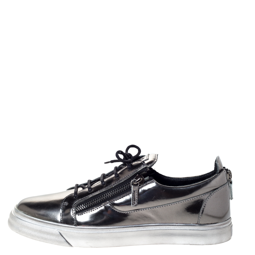 

Giuseppe Zanotti Metallic Gunmetal Leather May London Double Chain Low Top Sneakers Size