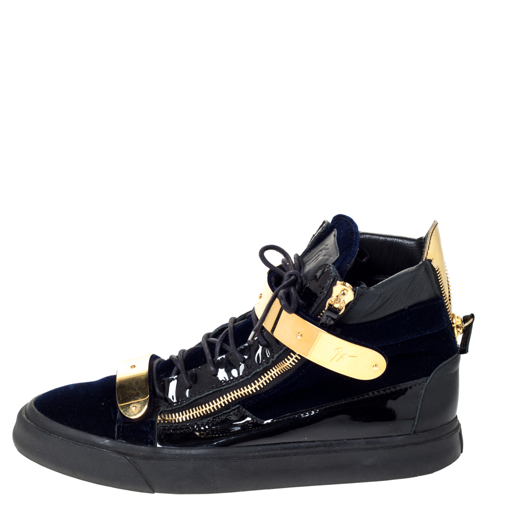 

Giuseppe Zanotti Navy Blue Velvet and Black Leather Coby High Top Sneakers Size