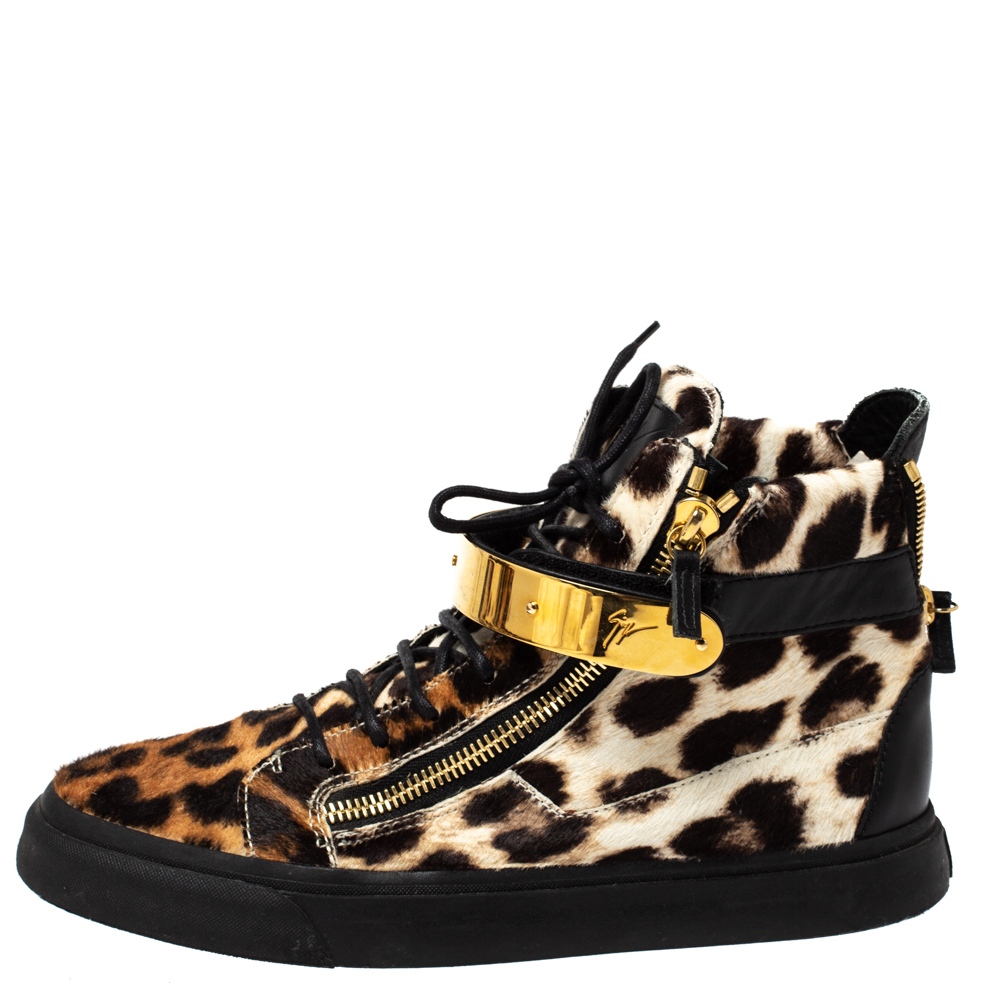 

Giuseppe Zanotti Brown/Black Leopard Print Calf hair Lace Up High Top Sneakers Size