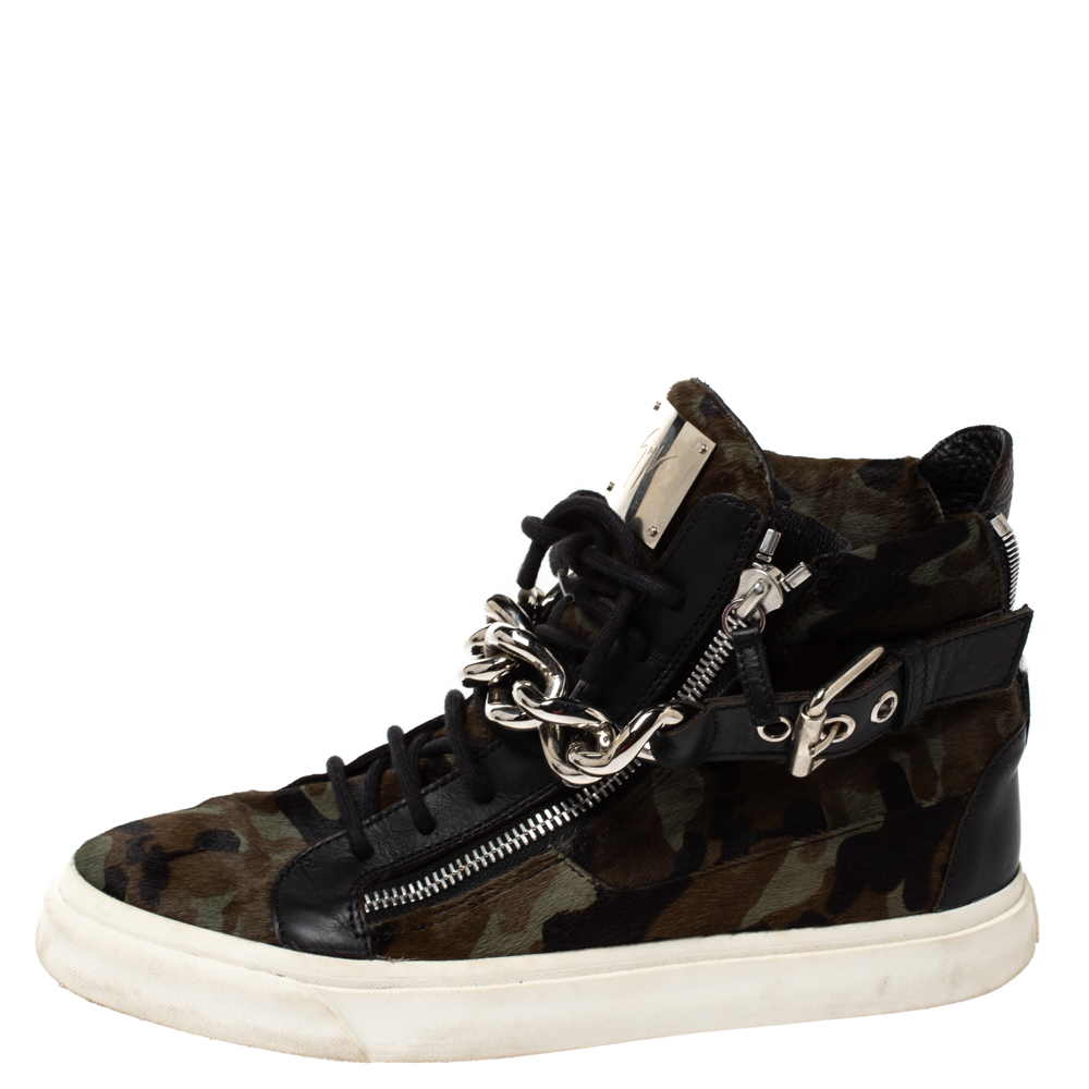 

Giuseppe Zanotti Multicolor Camouflage Calf Hair Chain Embellished London High Top Sneakers Size