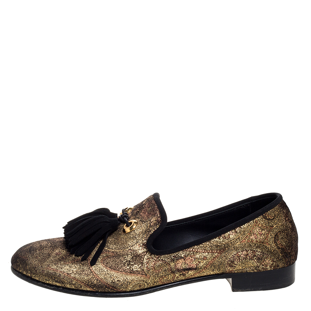 

Giuseppe Zanotti Gold Velvet Brocade Fabric Tassel Detail Smoking Slippers Size