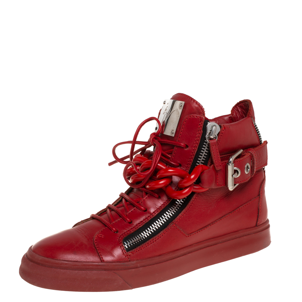 Pre-owned Giuseppe Zanotti Red Leather Chain Detail High Top Sneakers Size 40