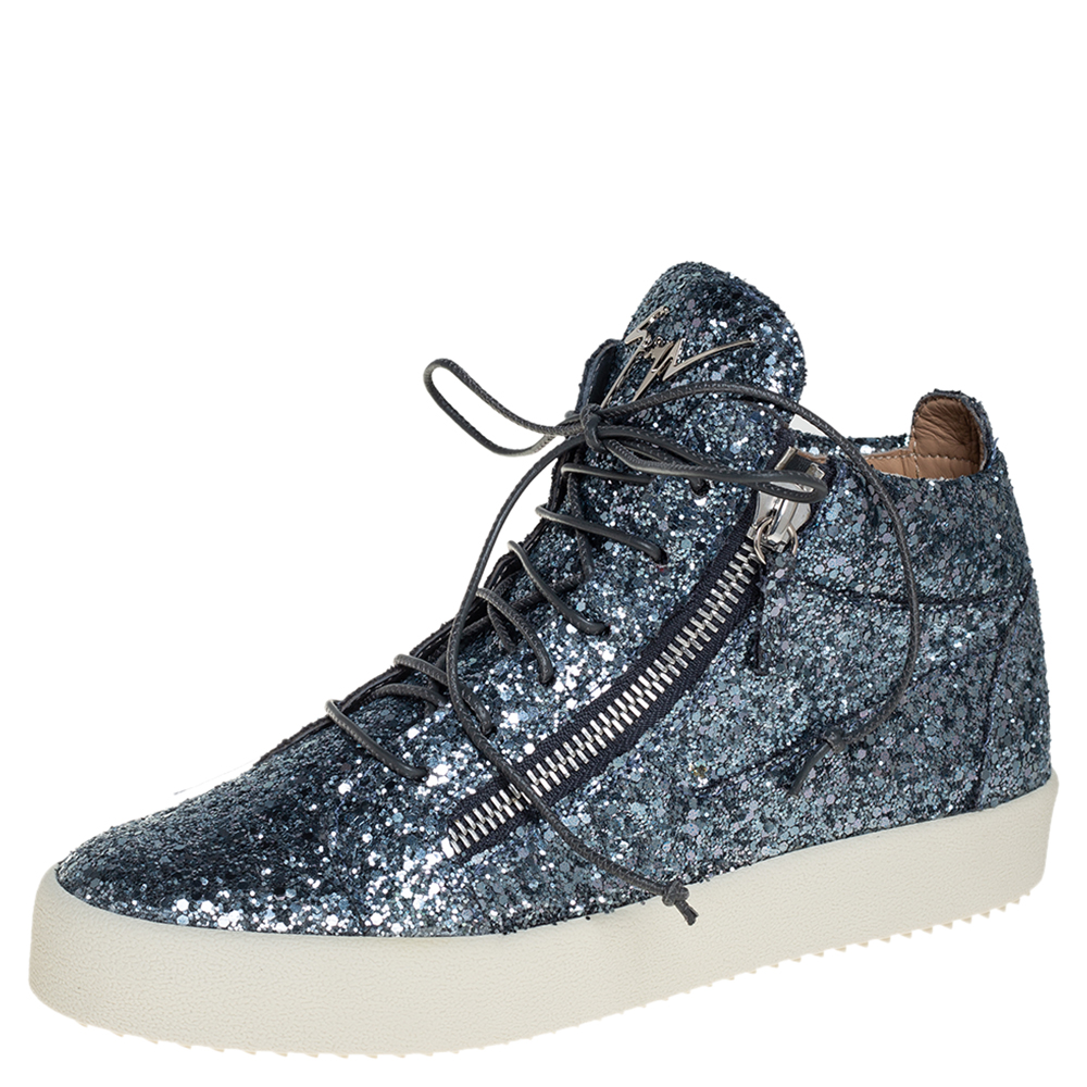 Pre-owned Giuseppe Zanotti Blue Glitter Kriss High Top Sneakers Size 40