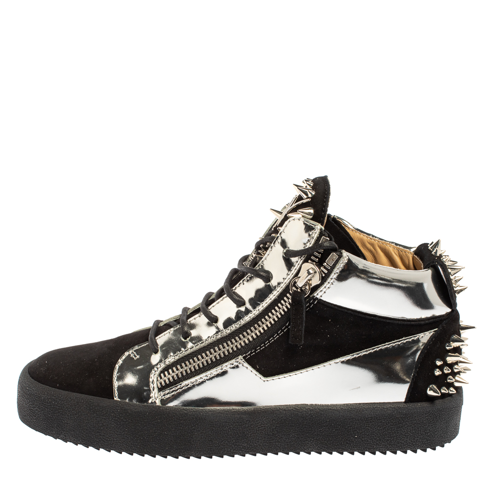 

Giuseppe Zanotti Black/Silver Suede and Patent Leather Studded Jimbo Mid Top Sneakers Size