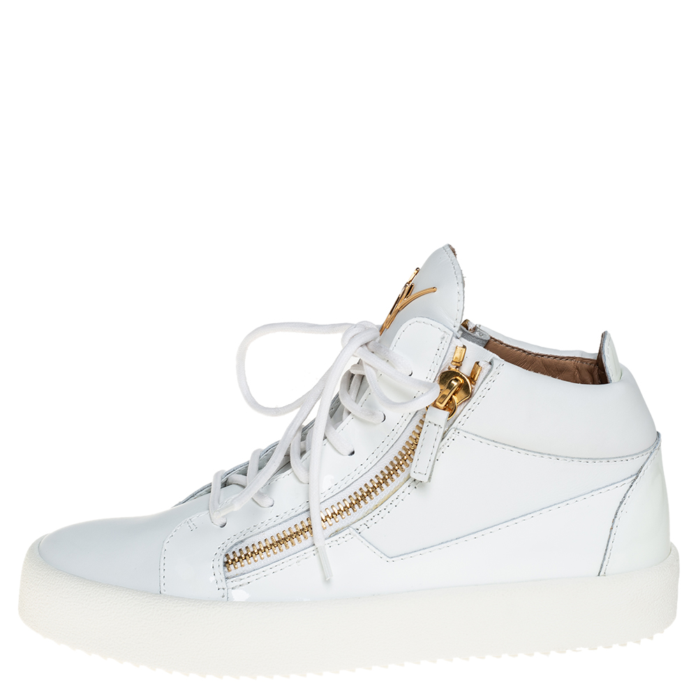 

Giuseppe Zanotti White Leather And Patent Leather High Top Sneakers Size