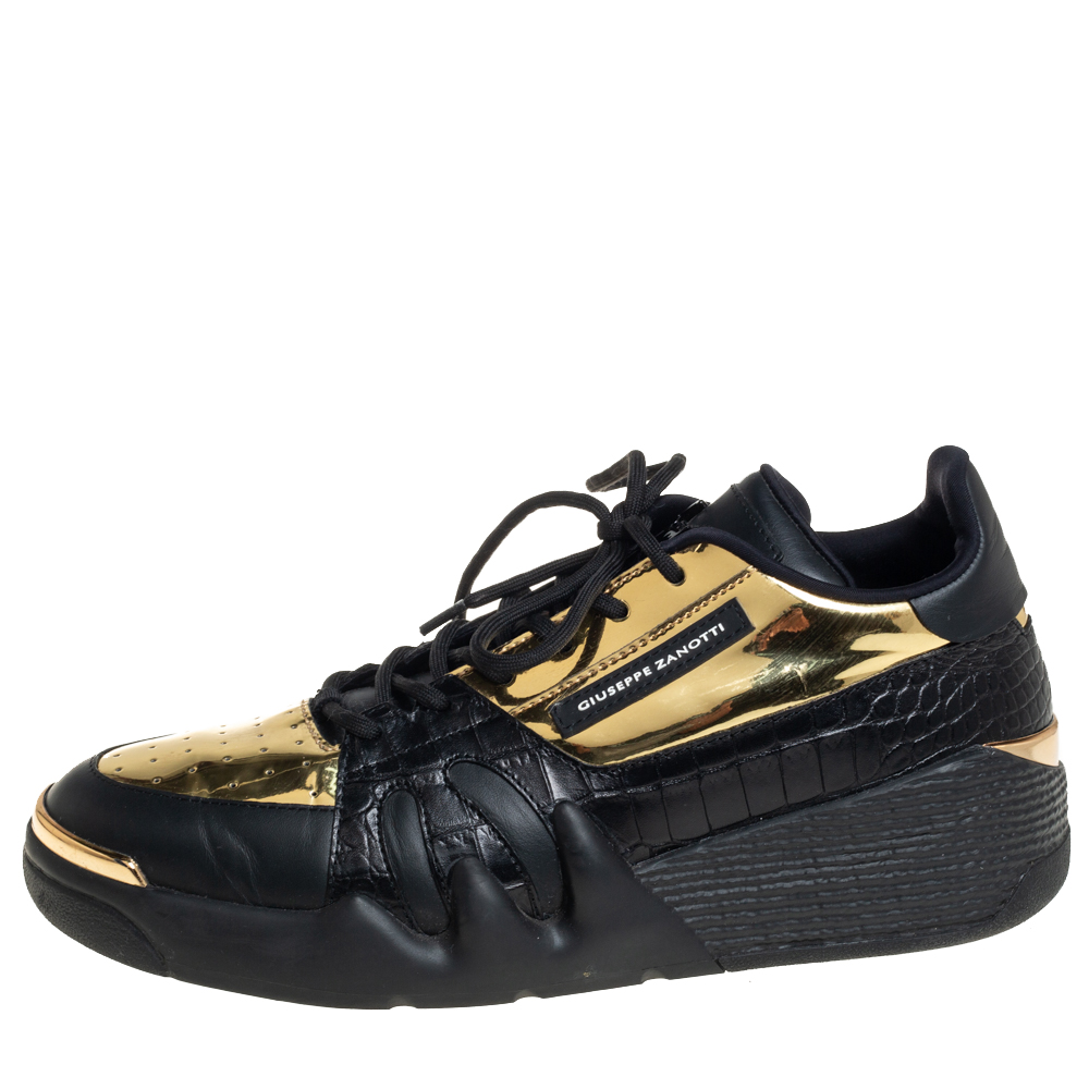 

Giuseppe Zanotti Black/Gold Leather And Croc Embossed Leather Talon Low Top Sneakers Size