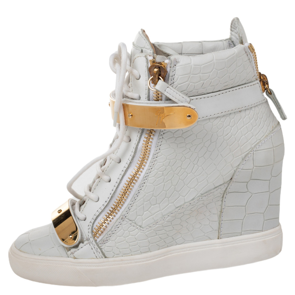 

Giuseppe Zanotti White Croc Embossed And Leather Lorenz Wedge High Top Sneakers Size